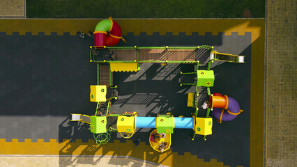 Aerial view of colorful playground in urban area. An aerial view of a vibrant playground in an...