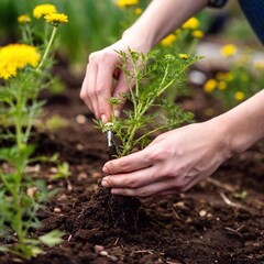 Fototapeta premium extreme close-up shot of a pair of hands brushing off dirt from a freshly planted flower in a community garden during Earth Day, with the flower in sharp focus and the surrounding soil softly blurred,