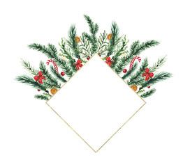 Watercolor Christmas fir tree branches rhombus frame with red berry, bow, candy, golden line. Evergreen twig festive arrangement. New Year hand drawn illustration. Watercolour artistic template design