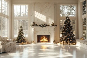 White fireplace with Christmas tree and decorations in the bright living room, festive interior design