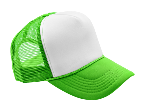 Gorra de camionero verde y blanca aislada sobre fondo blanco, ideal para proyectos de branding, moda y diseño de accesorios.