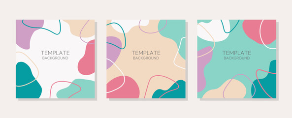 Square templates design with abstract spots. Vector minimalistic backgrounds in pastel colors with copy space for text. For invitation, celebration, card, banner, sale, poster, social media, flyer.