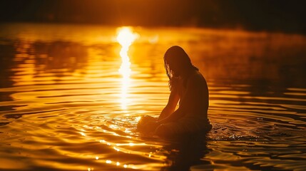 Fototapeta premium A tranquil scene of Jesus on calm water, golden sunset casting his silhouette on the lake’s surface, warm light embracing the serene setting, peaceful and ethereal moment 