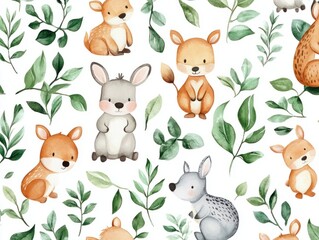 Fototapeta premium animals in the forest, Delight in the charm of the jungle with an endearing seamless repeating pattern tile featuring adorable jungle animals frolicking against a soft white watercolor background