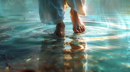 Close-up of Jesus’ feet touching calm water, each step creating soft glowing ripples, serene and quiet surface reflecting the glow, gentle light illuminating his steps,