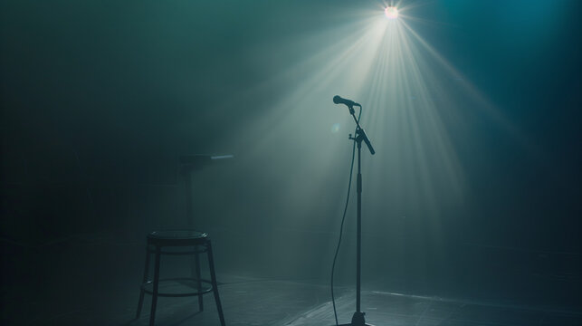 spotlight highlighting microphone with stand on an empty stage, The stage is minimalistic and aesthetic, dark background