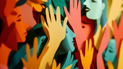 A close-up portait of an artistic arrangement of paper cut-outs symbolizing the strength of a diverse working group and teamwork.