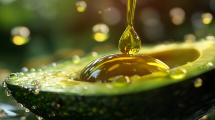 Avocado Oil Dropping onto Half of Avocado