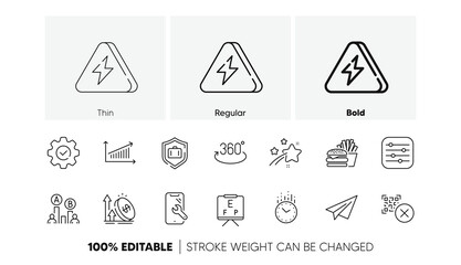 Full rotation, Burger and Lightning bolt line icons. Pack of Luggage protect, Falling star, Vision board icon. Excise duty, Chart, Qr code pictogram. Filter, Time, Smartphone repair. Vector