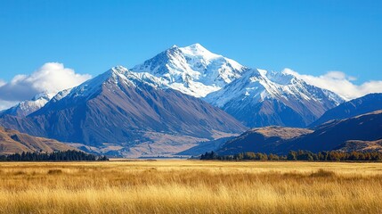Fototapeta premium Majestic snow-capped mountains stand tall against a clear blue sky, framed by golden grassy plains, showcasing the beauty of nature in a breathtaking landscape.