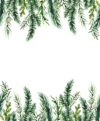 Watercolor Christmas seamless border frame. Green fir tree branches, thuja, juniper, spruce twigs. Evergreen clip art. New Year hand drawn illustration. Artistic template design.