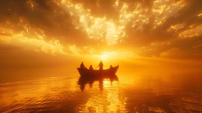 Jesus approaching a boat of disciples on a tranquil sea, warm golden light casting gentle reflections, peaceful sky, his presence evoking trust and serenity among the disciples  