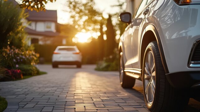 Suburban driveway with CCTV cameras tracking motion, live footage of a car pulling in displayed on a tablet, warm sunset glow