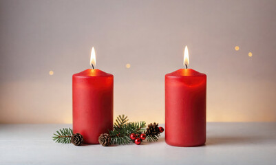 Two red candles burn brightly on a white table, surrounded by pine branches and red berries, creating a warm and festive atmosphere