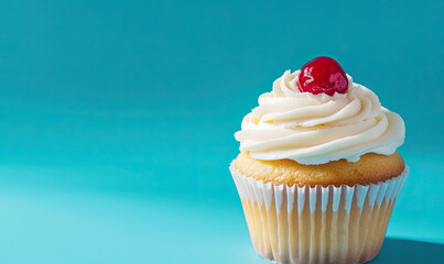 A white cupcake with a cherry on top vibrant background
