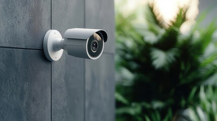 Modern home with closedcircuit cameras focused on the backyard, motion detected by passing wildlife, realtime alerts on a smart device, soft afternoon glow