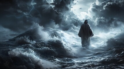 Obraz premium Jesus illuminated on a stormy sea, waves crashing but parting as he walks forward, dark clouds swirling with flashes of lightning, his calm expression guiding through the storm’s fury 