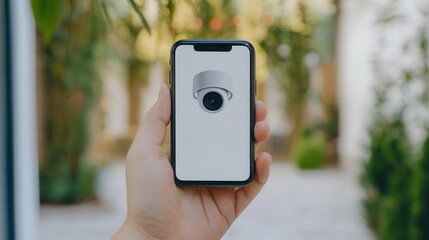 Closedcircuit camera monitoring a home s backyard, motion alerts triggered by a visitor, security footage on a smartphone, warm afternoon light