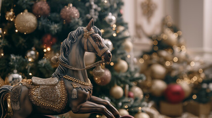 Fototapeta premium Rocking horse in a beautiful living room with Christmas tree and winter decorations. Amazing gift under Christmas tree.