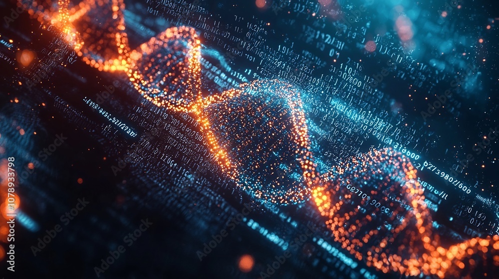 Poster glowing dna strand displaying encoded binary data on digital display representing vast storage poten