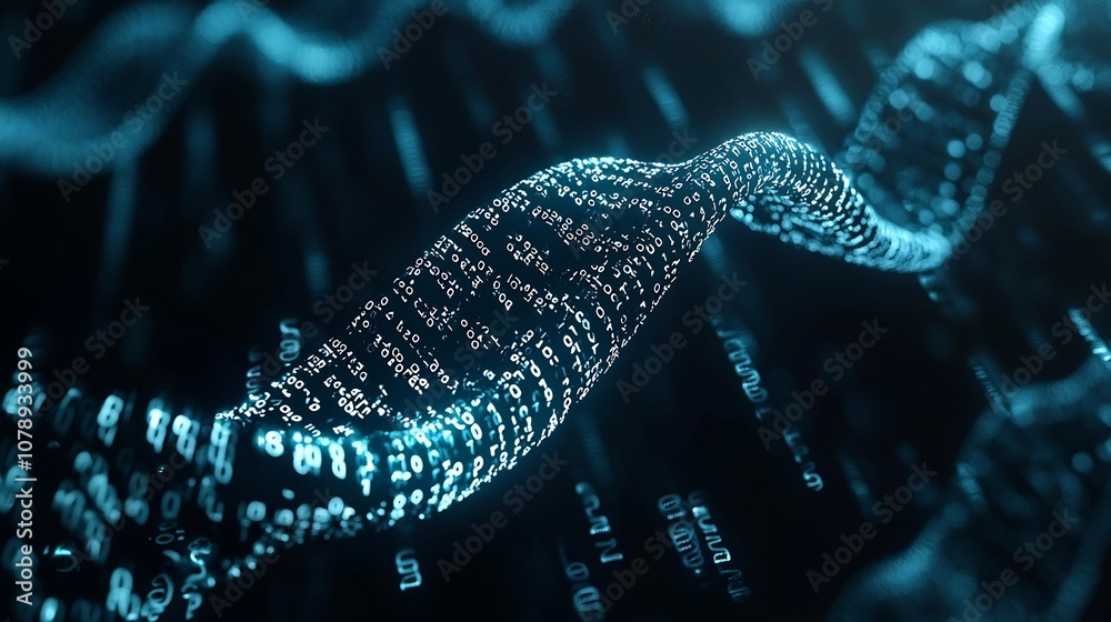 Poster digital dna helix composed of binary code against dark background symbolizing information