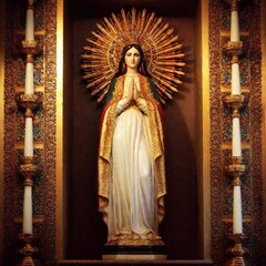 Design an extreme close-up of a Virgin of Guadalupe altar with deep focus. Focus on detailed elements such as religious icons or the surface textures of candles, ensuring every part of the altar is in