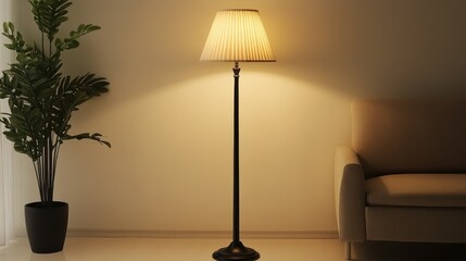 Bedroom with black floor lamp, beige pleated shade softly illuminating a white wall in a calm setting
