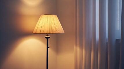 Bedroom with black floor lamp, beige pleated shade softly illuminating a white wall in a calm setting
