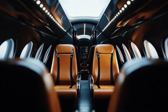luxury private jet interior with leather seats and ambient lighting