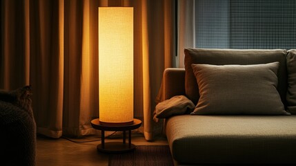 Close-up of a tall lamp on a side table next to a sofa, dim light creating a cozy ambiance in the dark room