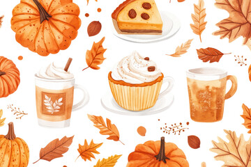 A warm and cozy seamless pattern that includes charming orange-framed pumpkins, richly colored autumn leaves, decadent slices of pumpkin pie, and inviting cups of pumpkin spice lattes.