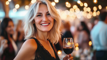 A cheerful mature woman with silver hair and a bright smile holds a glass of wine in a lively social setting. Soft, warm lighting creates a bright and welcoming atmosphere for a pleasant party.