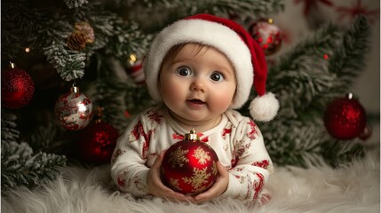 Adorable baby in santa hat holding christmas ornament by festive tree