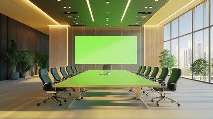 LED green screen set up in a conference room for virtual presentations with a clean backdrop