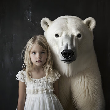 Portrait of girl annd pollar bear on gray background. Merry Christmas.