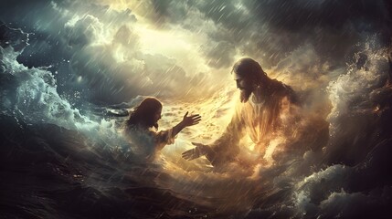 Jesus rescuing Peter from churning waters, his hand extended with glowing waves around them, stormy skies above with dramatic light illuminating their faces,