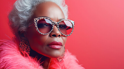 Stylish Afro American senior woman with gray hair wearing leopard print sunglasses and pink feathers against a red background.
