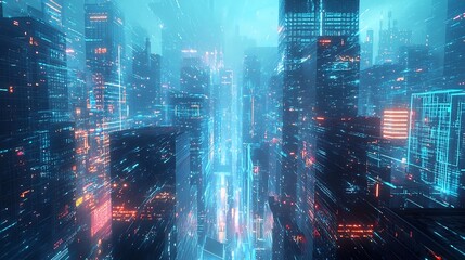 Obraz premium Futuristic Quantum Internet Metropolis with Glowing Data Streams Connecting Cityscape