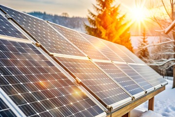 Solar panels in winter in snowy landscape with gentle sunlights 