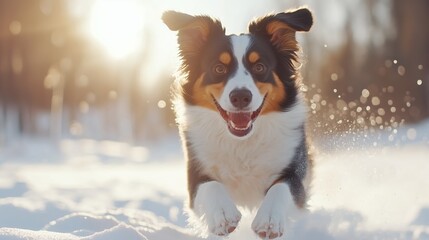 A happy dog runs through the snow on a sunny winter day