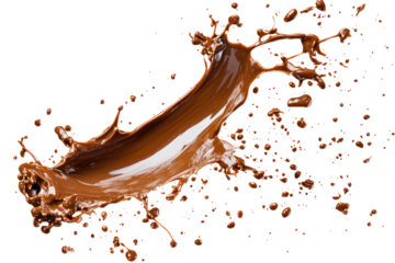 A rich, creamy chocolate splash twisting in the air, showing detailed textures and varying thicknesses of the liquid as it splatters outward.