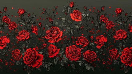 Vibrant red roses against dark background 2D illustration. Moody florals. Vintage style dramatic aesthetic flat cartoon image colorful scene. Romantic gothic theme wallpaper art