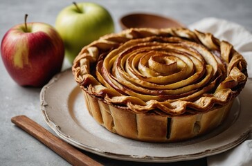 homemade apple pie on a plate with apple