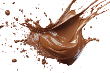 A rich, creamy chocolate splash twisting in the air, showing detailed textures and varying thicknesses of the liquid as it splatters outward.