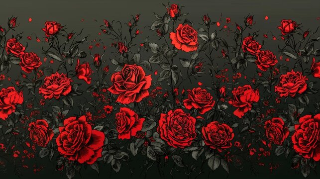 Fototapeta Vibrant red roses against dark background 2D illustration. Moody florals. Vintage style dramatic aesthetic flat cartoon image colorful scene. Romantic gothic theme wallpaper art