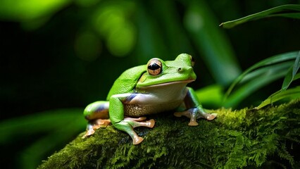 Naklejka premium European green tree frog (Hyla arborea formerly Rana arborea) stalking prey in natural environment in forest
