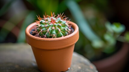 Small cactus in terracotta pot with bright orange spines closeup image. Potted cacti plant placed outdoors close up photography. Houseplant home gardening concept photo realistic