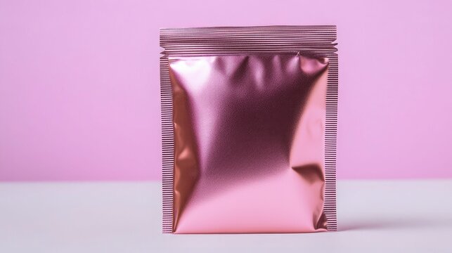 Mockup product concept, Shiny pink foil packaging against a pastel pink background, creating a modern and stylish aesthetic perfect for product display.
