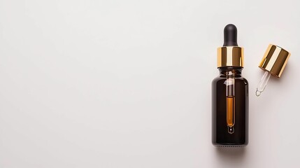 Mockup product concept, A sleek brown glass dropper bottle sits beside its cap on a clean, white background, showcasing its elegance and potential for various liquid products.