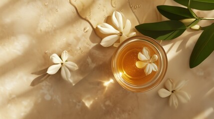 Honey and jasmine on marble surface in morning light closeup image. Soft shadows, serene ambiance. Floral essence food close up photography. Natural sweetness concept photo realistic